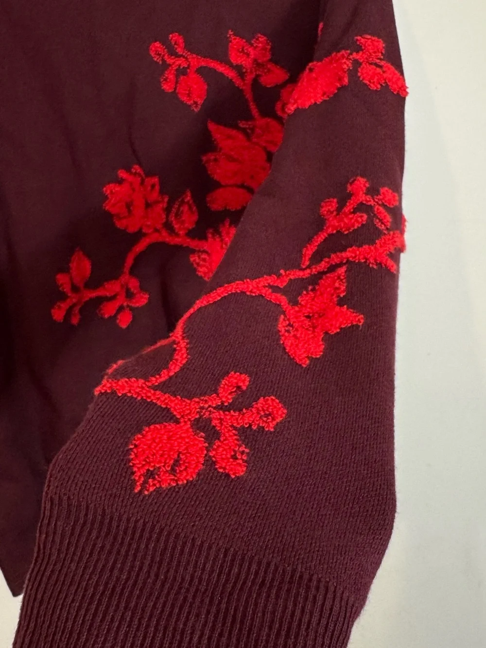 Talbots Burgundy Placed Floral Crewneck Pullover Cotton Sweater Textured XL NEW